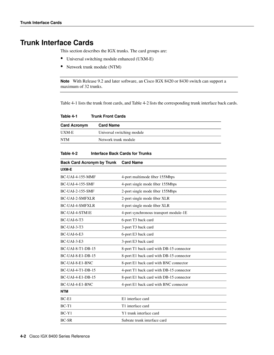 Cisco Systems IGX 8400 manual Trunk Interface Cards, Trunk Front Cards Card Acronym Card Name 