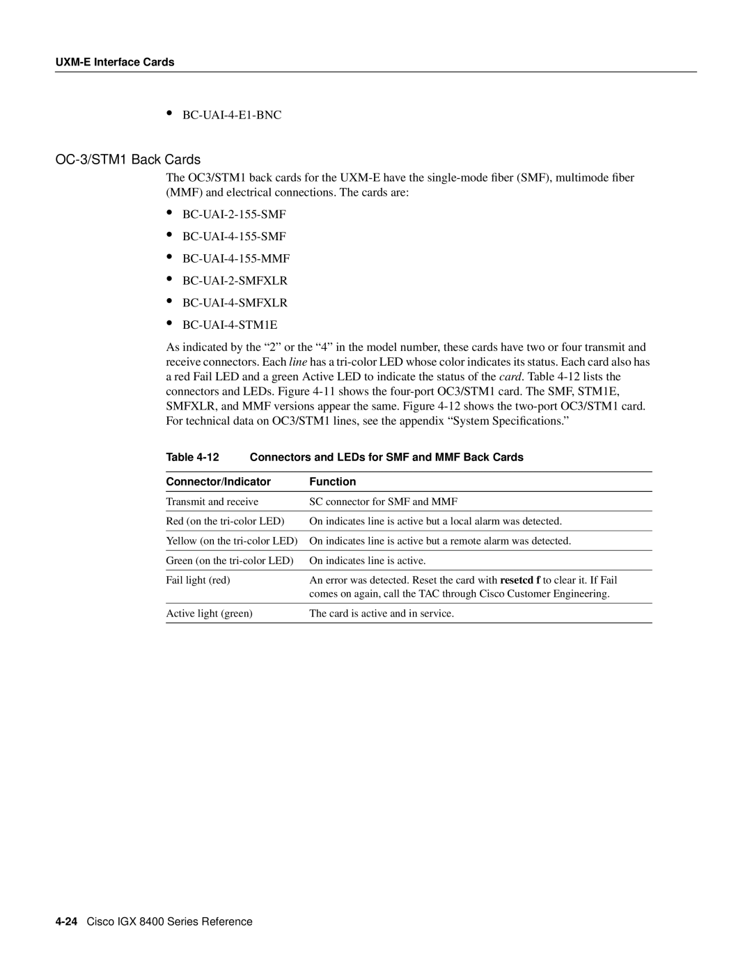 Cisco Systems IGX 8400 OC-3/STM1 Back Cards, Connectors and LEDs for SMF and MMF Back Cards, Connector/Indicator Function 