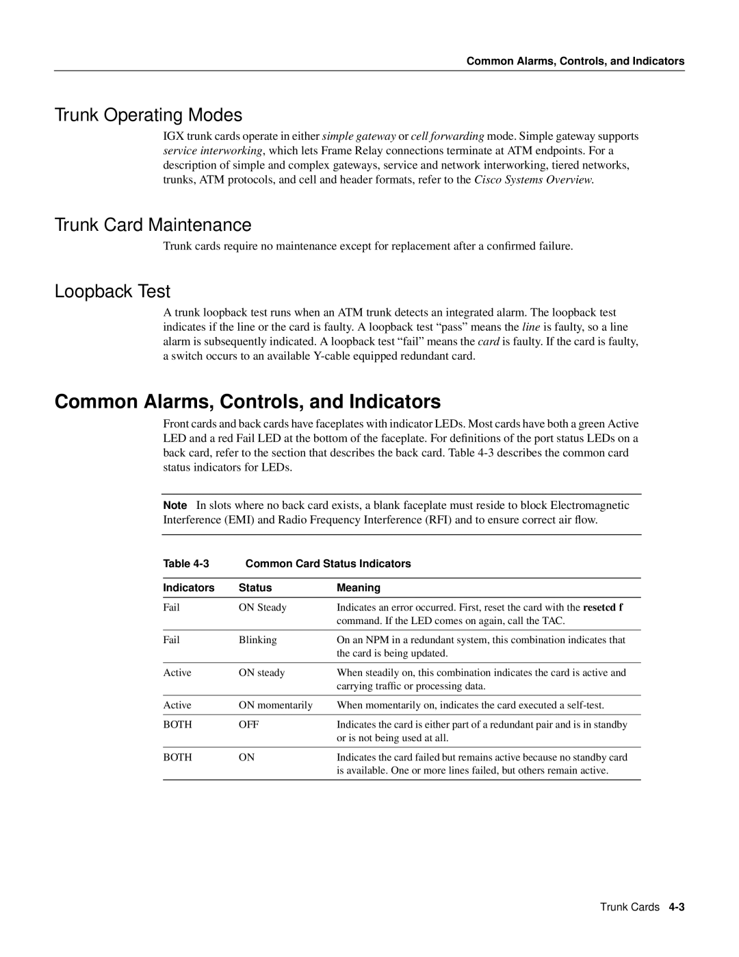 Cisco Systems IGX 8400 manual Trunk Operating Modes, Trunk Card Maintenance, Loopback Test 