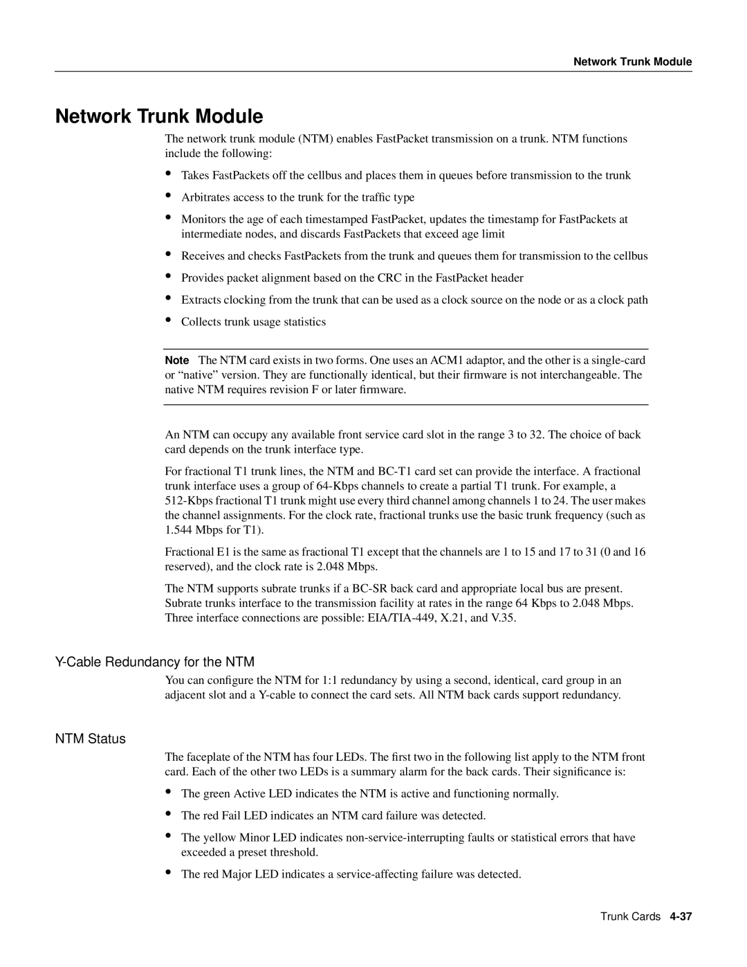 Cisco Systems IGX 8400 manual Cable Redundancy for the NTM, NTM Status, Network Trunk Module 