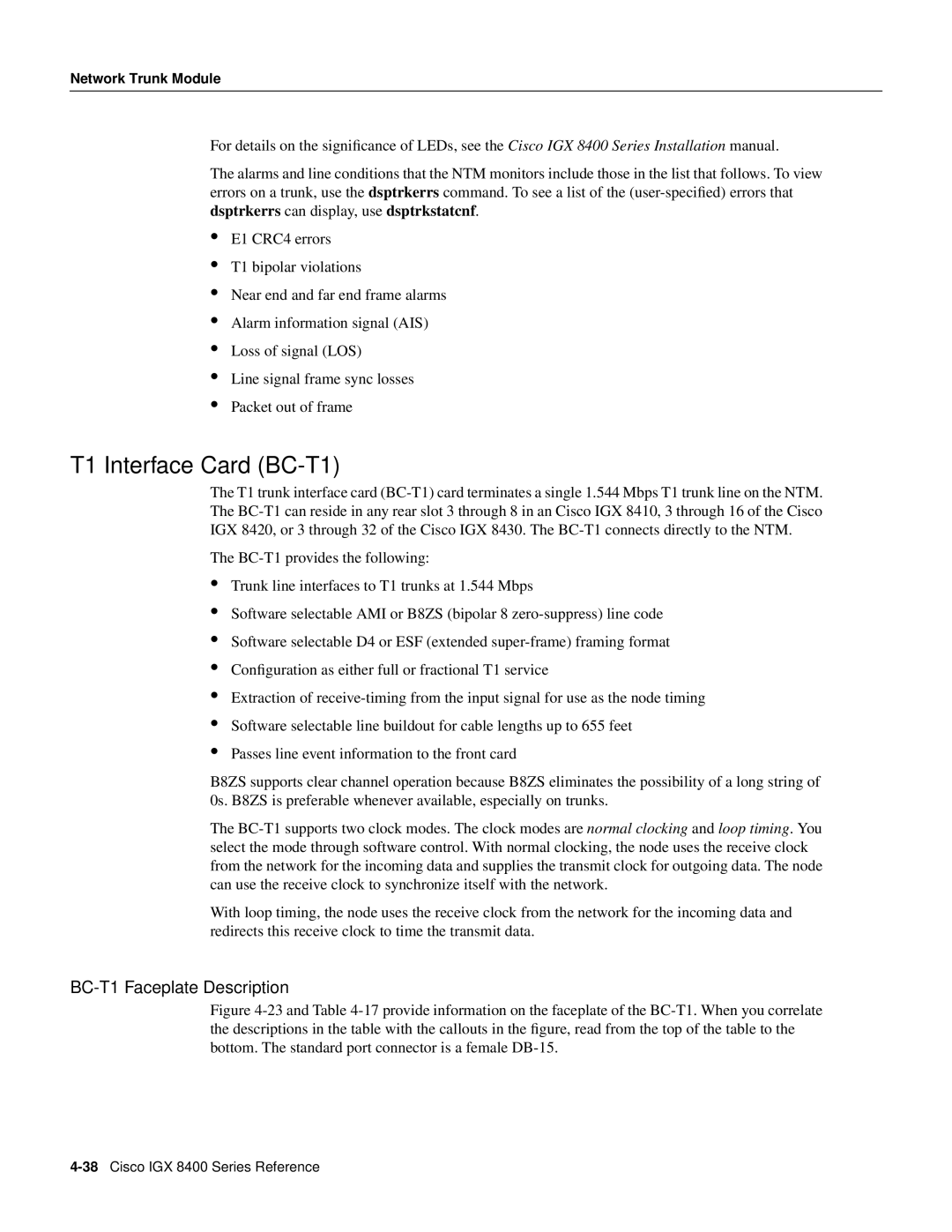 Cisco Systems IGX 8400 manual T1 Interface Card BC-T1, BC-T1 Faceplate Description 