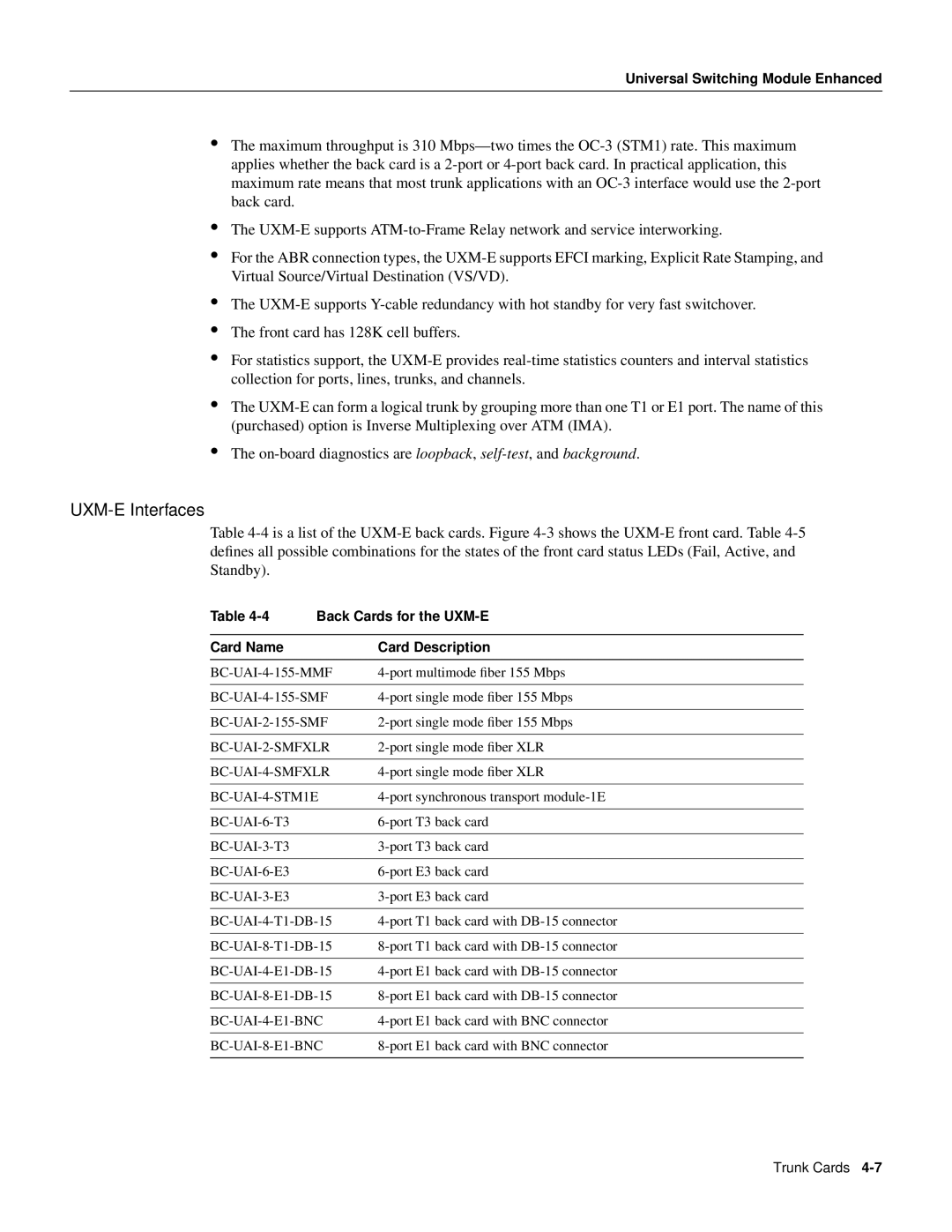 Cisco Systems IGX 8400 manual UXM-E Interfaces, Back Cards for the UXM-E, Card Name Card Description 