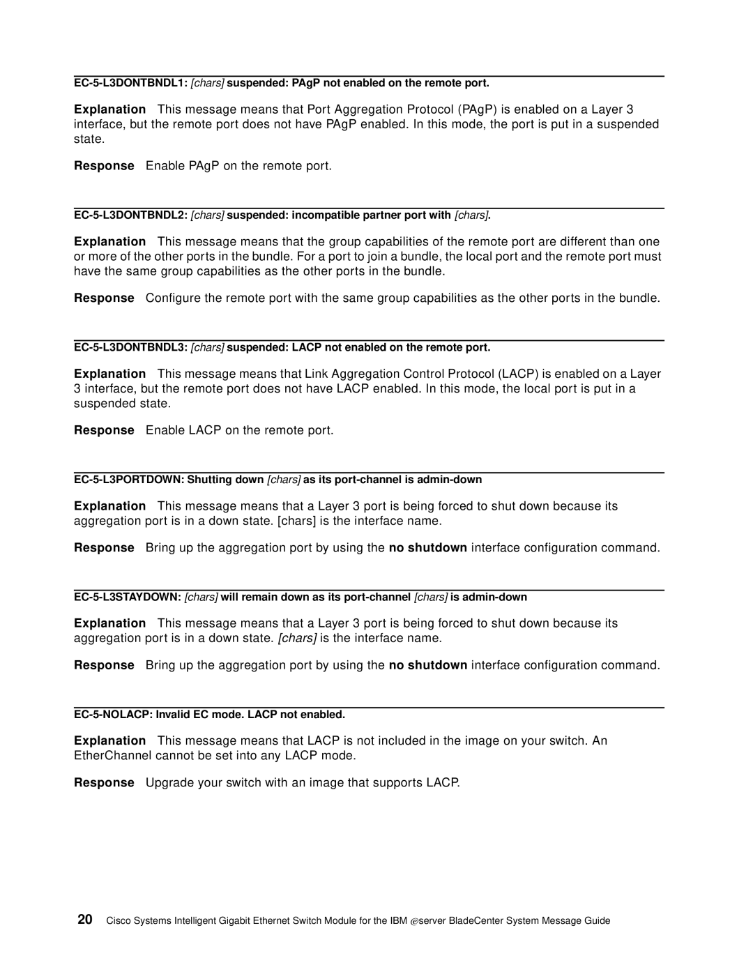 Cisco Systems Intelligent Gigabit Ethernet Switch Module manual EC-5-NOLACP Invalid EC mode. Lacp not enabled 