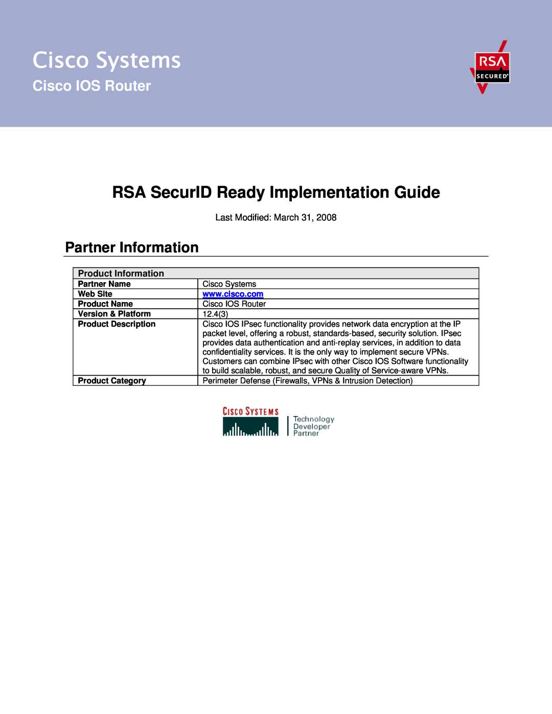 Cisco Systems IOS Router manual Partner Information, Cisco Systems, RSA SecurID Ready Implementation Guide, Partner Name 