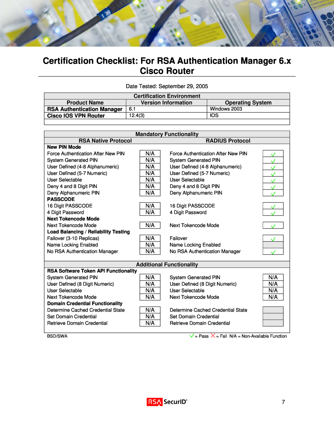 Cisco Systems IOS Router manual Certification Checklist For RSA Authentication Manager Cisco Router 