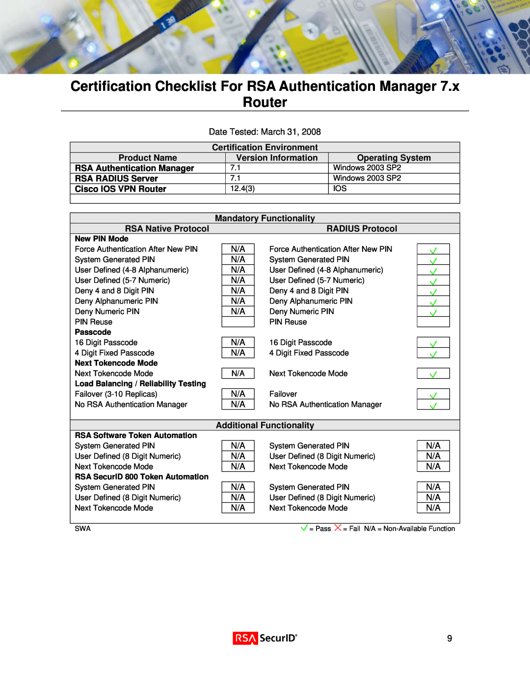 Cisco Systems IOS Router manual Certification Checklist For RSA Authentication Manager Router 