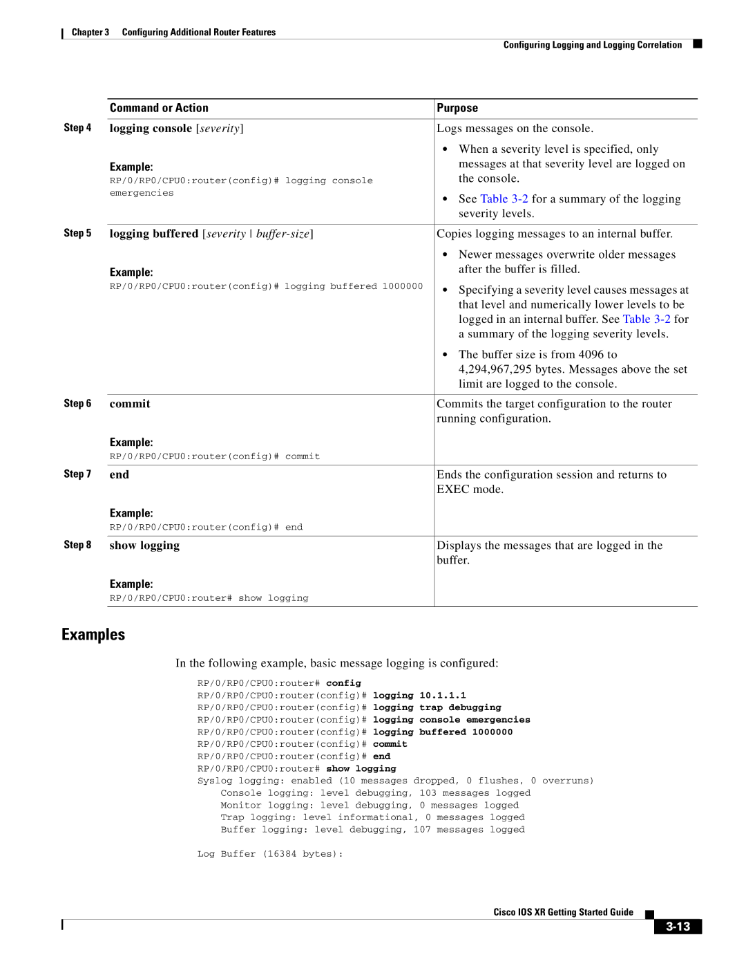 Cisco Systems IOS XR Logs messages on the console, When a severity level is specified, only, After the buffer is filled 