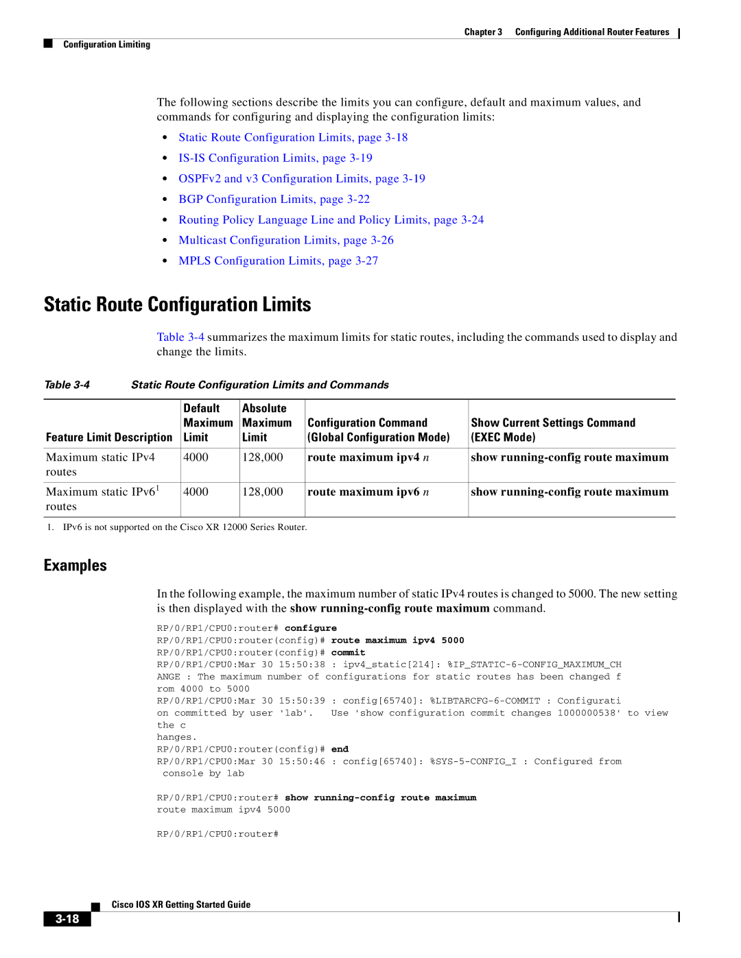 Cisco Systems IOS XR manual Static Route Configuration Limits, Default Absolute, Exec Mode 