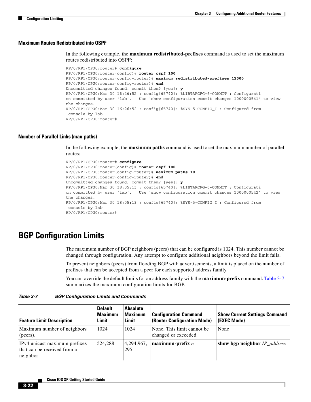 Cisco Systems IOS XR BGP Configuration Limits, Default Absolute Maximum Configuration Command, Feature Limit Description 