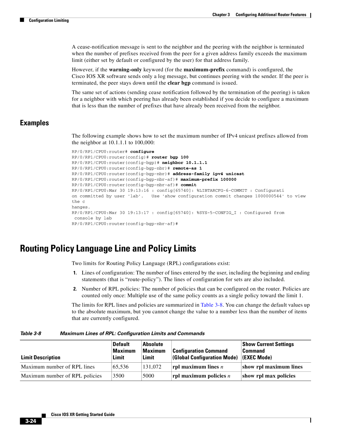 Cisco Systems IOS XR manual Routing Policy Language Line and Policy Limits 