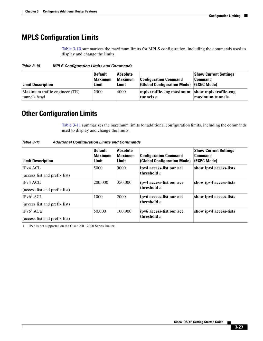 Cisco Systems IOS XR manual Mpls Configuration Limits, Other Configuration Limits 