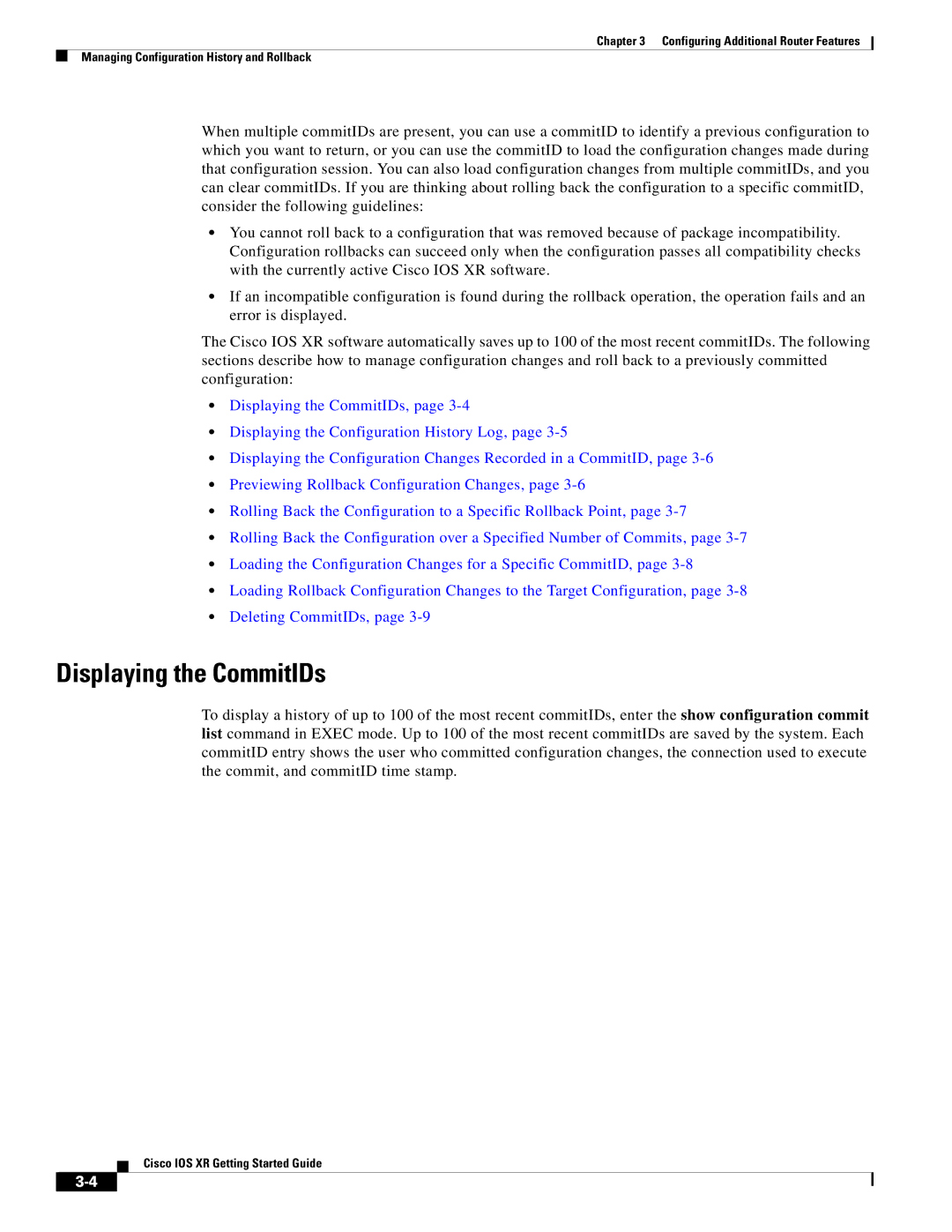 Cisco Systems IOS XR manual Displaying the CommitIDs 