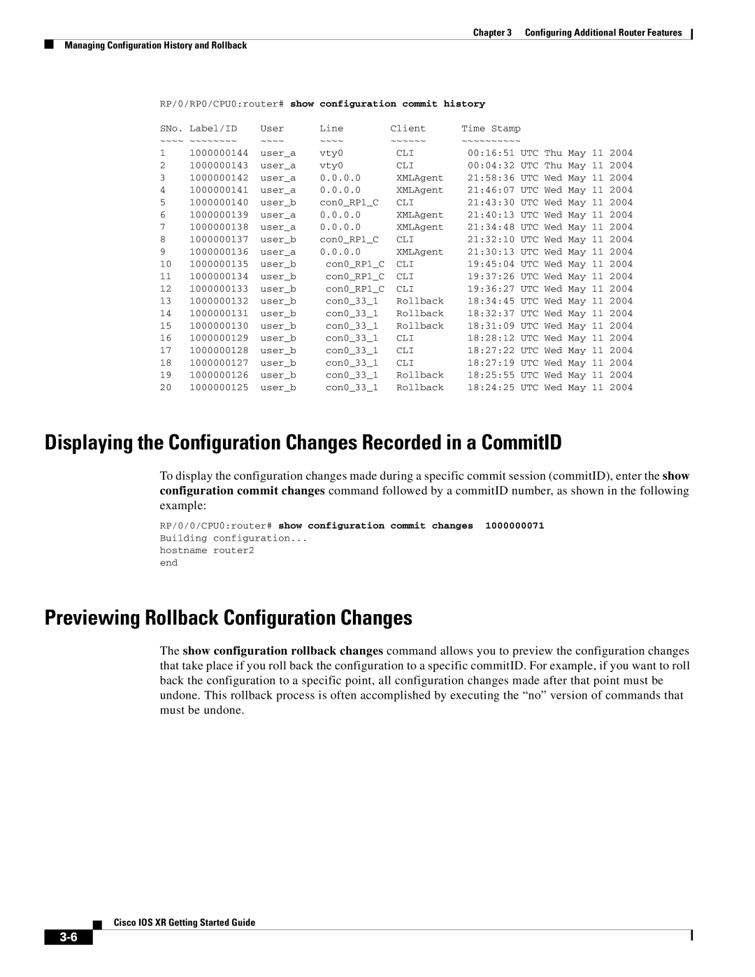 Cisco Systems IOS XR manual Displaying the Configuration Changes Recorded in a CommitID, Configuration commit history 