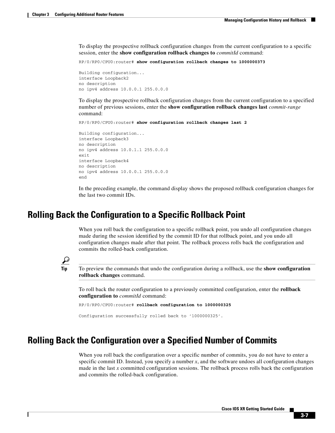 Cisco Systems IOS XR manual Rolling Back the Configuration to a Specific Rollback Point 