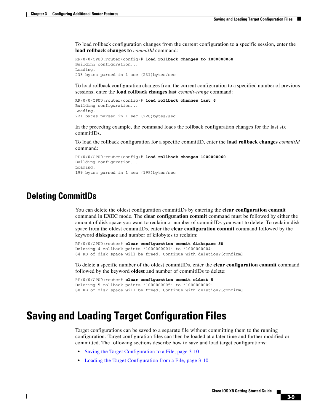 Cisco Systems IOS XR manual Saving and Loading Target Configuration Files, Deleting CommitIDs 