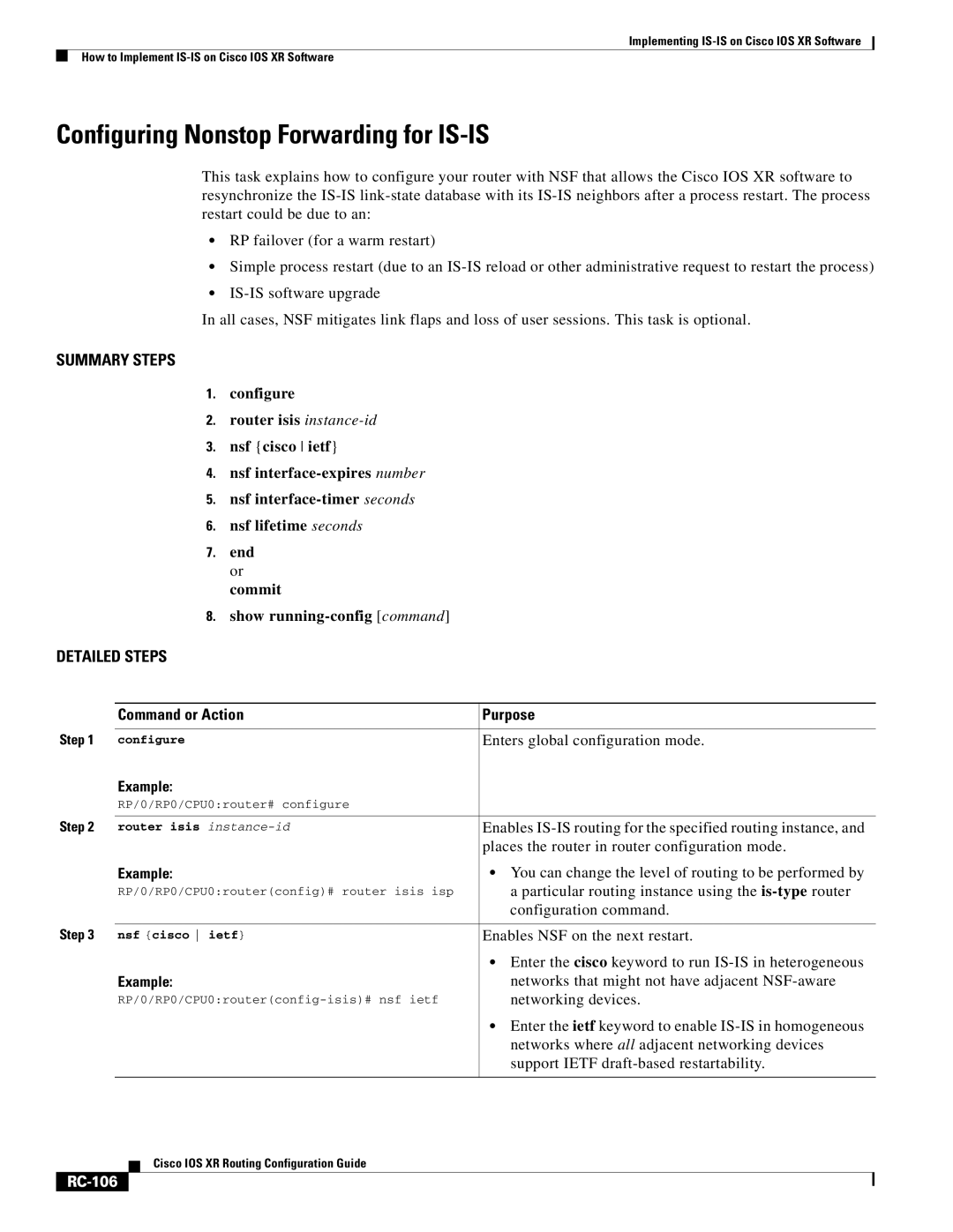 Cisco Systems IOS XR manual Configuring Nonstop Forwarding for IS-IS, RC-106 