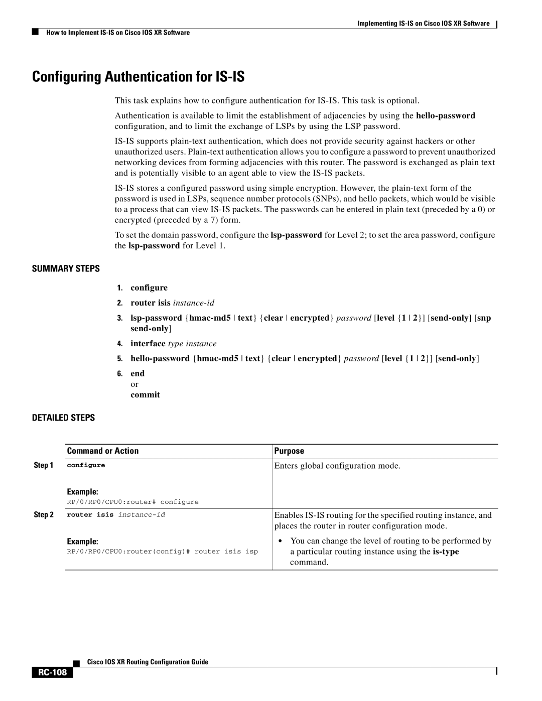 Cisco Systems IOS XR manual Configuring Authentication for IS-IS, RC-108 