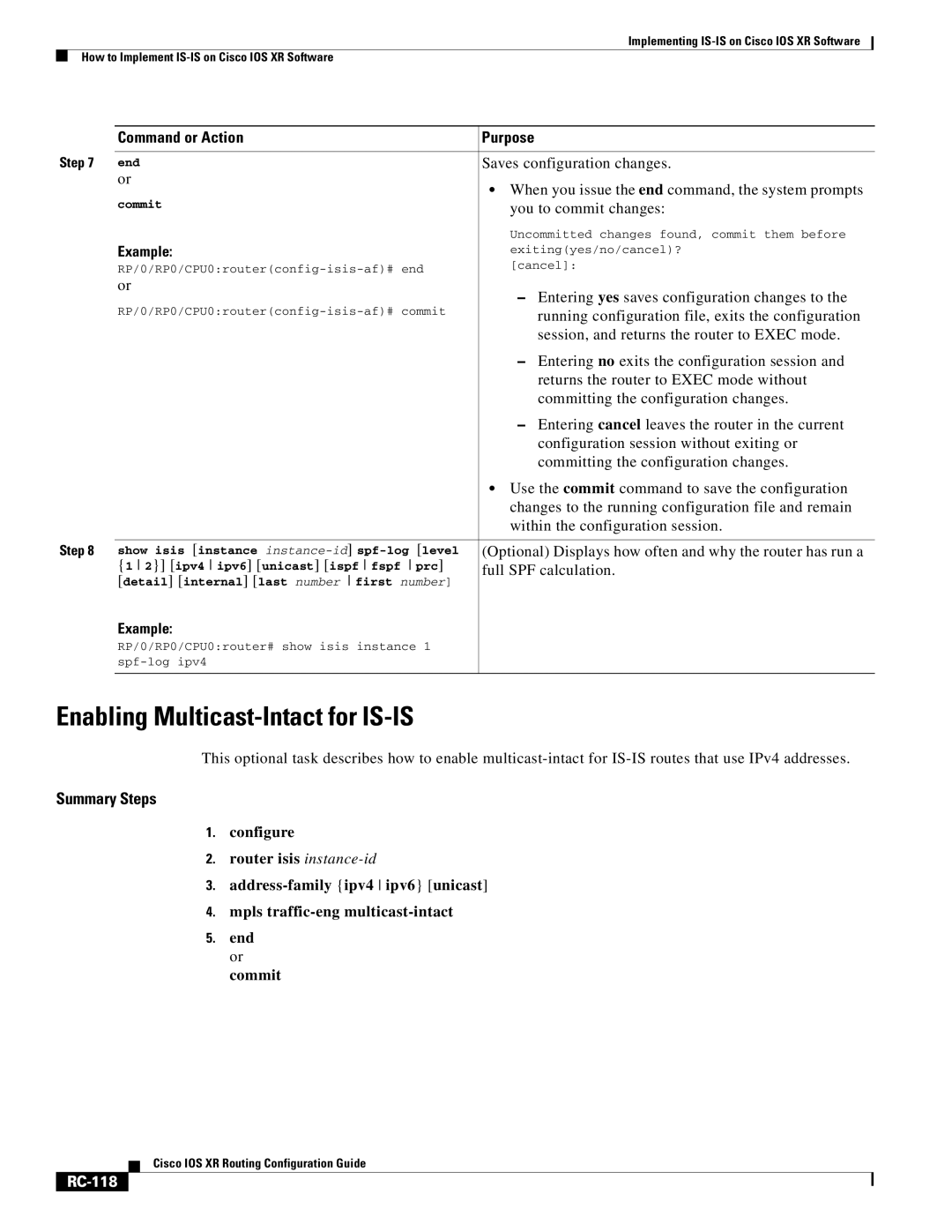 Cisco Systems IOS XR manual Enabling Multicast-Intact for IS-IS, Summary Steps, RC-118 