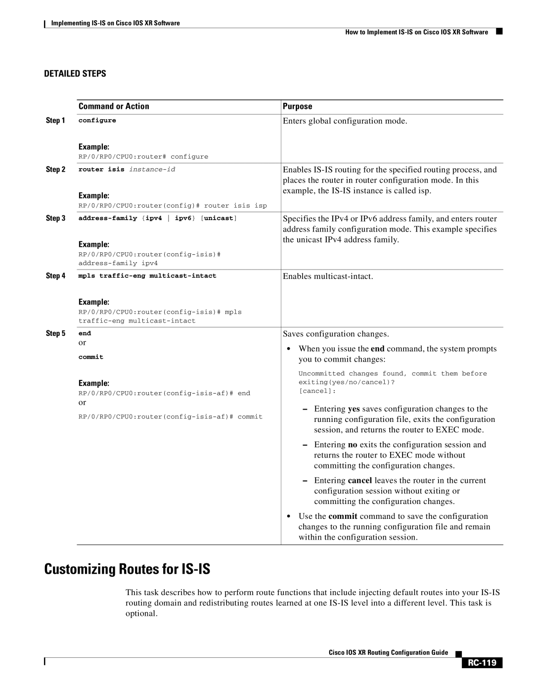 Cisco Systems IOS XR manual Customizing Routes for IS-IS, RC-119 