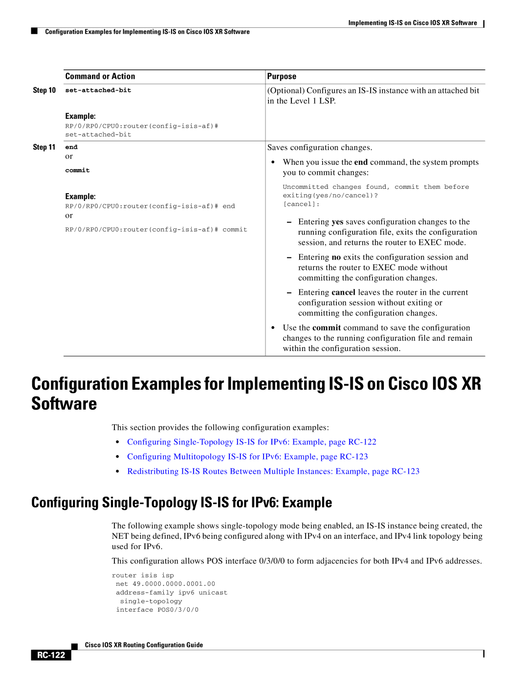 Cisco Systems IOS XR manual Configuring Single-Topology IS-IS for IPv6 Example, RC-122 