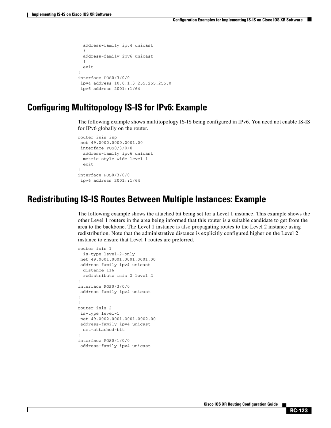 Cisco Systems IOS XR manual Configuring Multitopology IS-IS for IPv6 Example, RC-123 