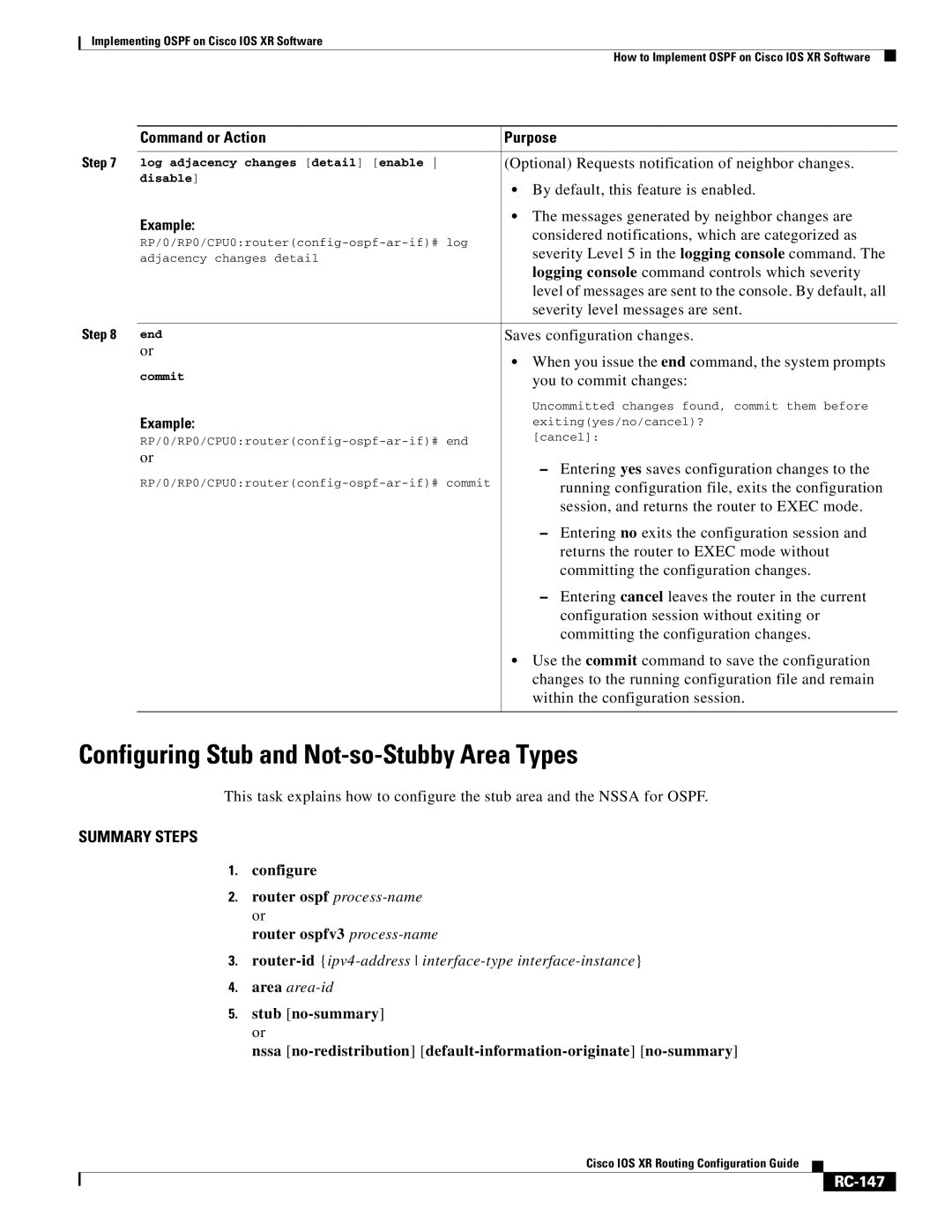 Cisco Systems IOS XR manual Configuring Stub and Not-so-Stubby Area Types, RC-147 