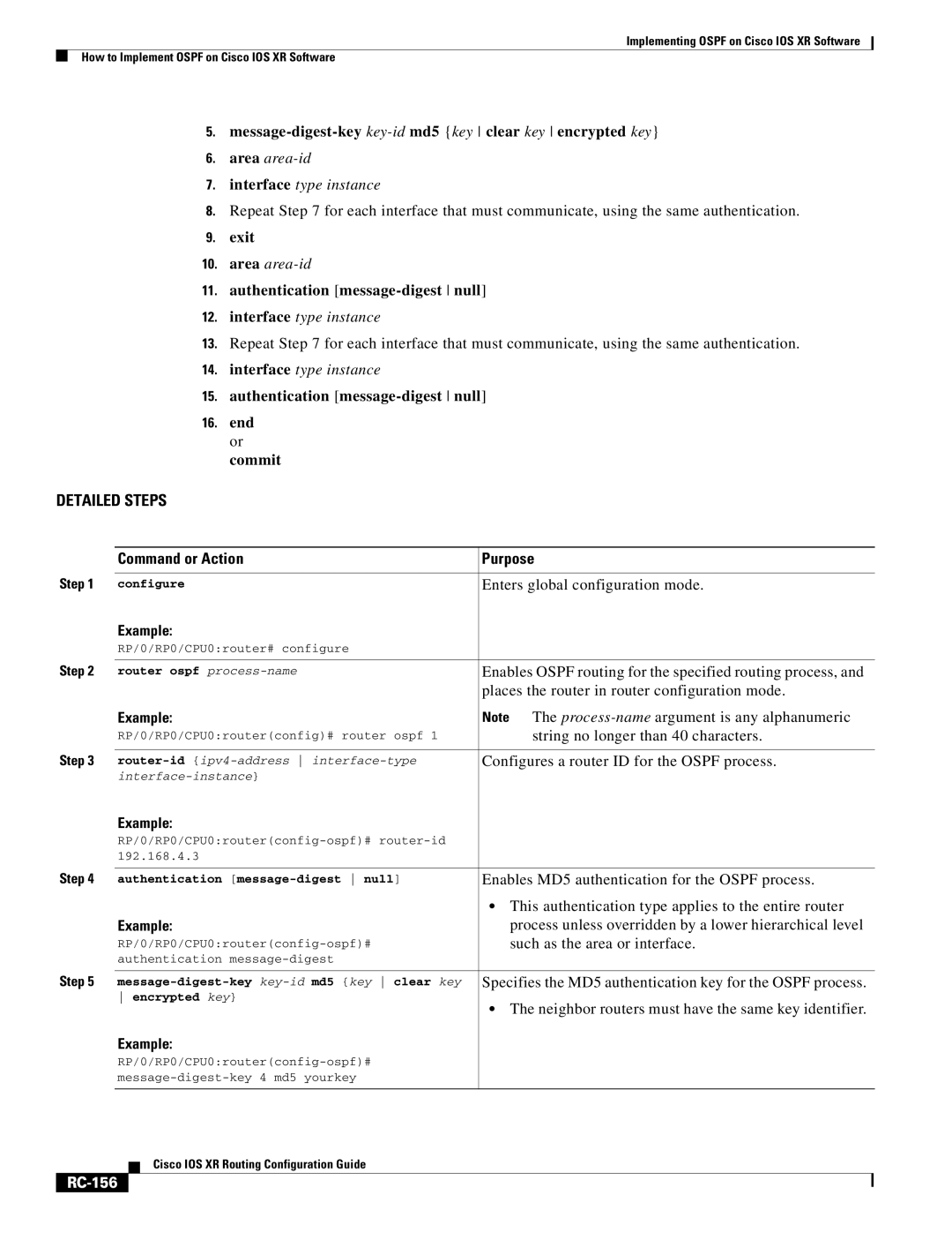 Cisco Systems IOS XR manual Message-digest-key key-idmd5 key clear key encrypted key, RC-156 