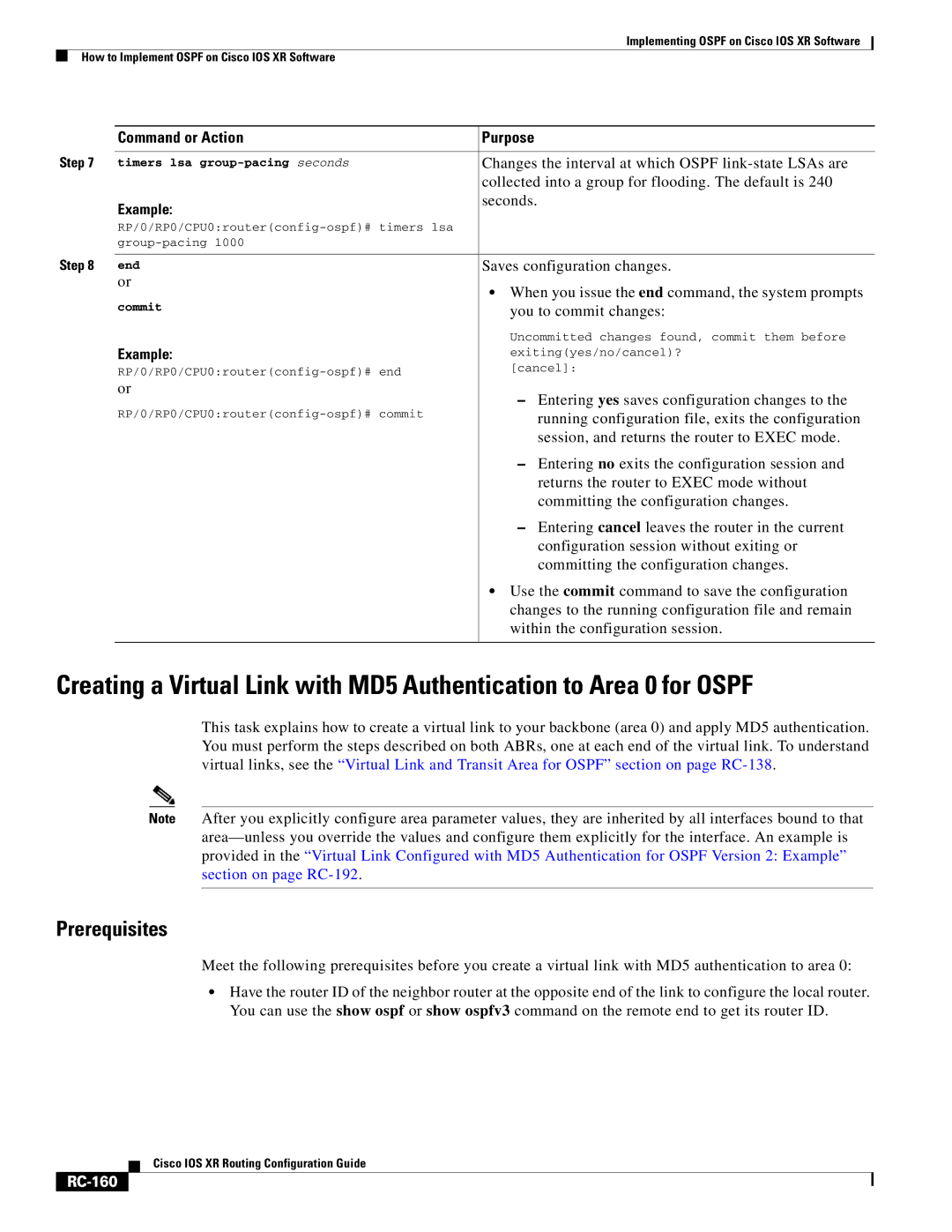 Cisco Systems IOS XR manual Prerequisites, RC-160 