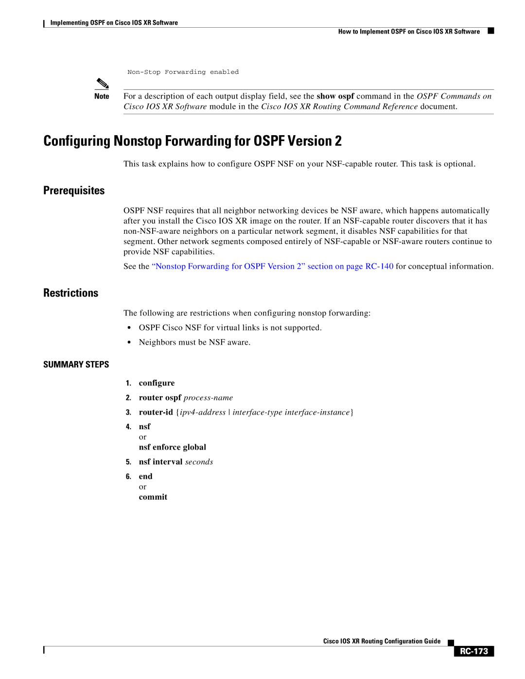 Cisco Systems IOS XR manual Configuring Nonstop Forwarding for Ospf Version, RC-173 