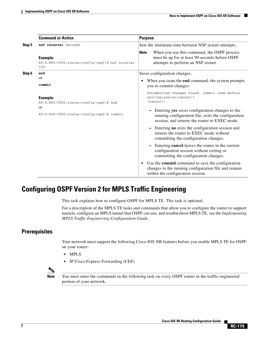 Cisco Systems IOS XR manual Configuring Ospf Version 2 for Mpls Traffic Engineering, RC-175 