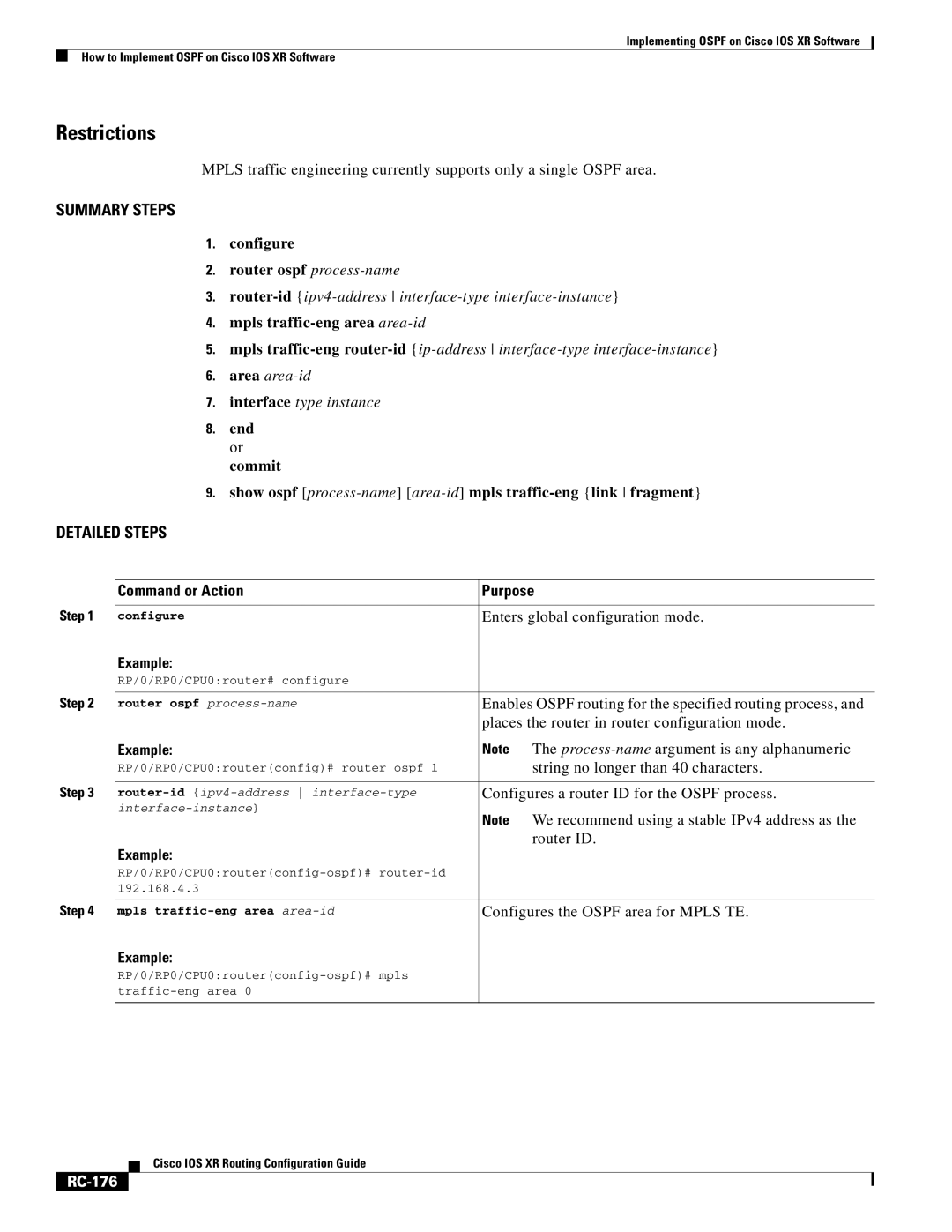 Cisco Systems IOS XR manual Mpls traffic-eng area area-id, RC-176 