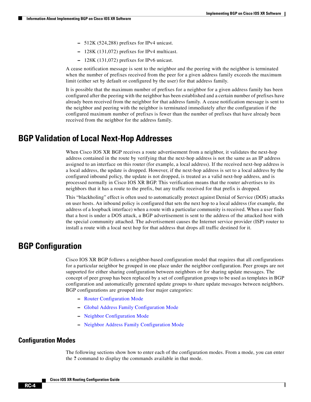 Cisco Systems IOS XR manual BGP Validation of Local Next-Hop Addresses, BGP Configuration, Configuration Modes, RC-4 