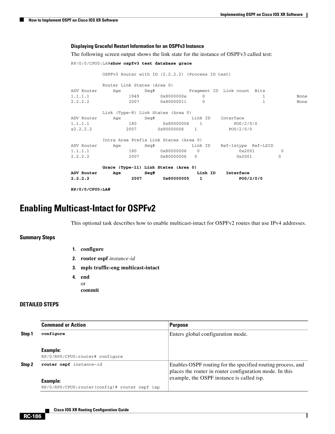 Cisco Systems IOS XR manual Enabling Multicast-Intact for OSPFv2, RC-186 