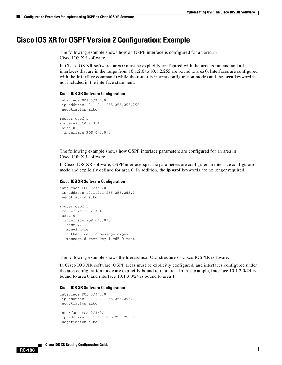 Cisco Systems manual Cisco IOS XR for Ospf Version 2 Configuration Example, Cisco IOS XR Software Configuration, RC-188 