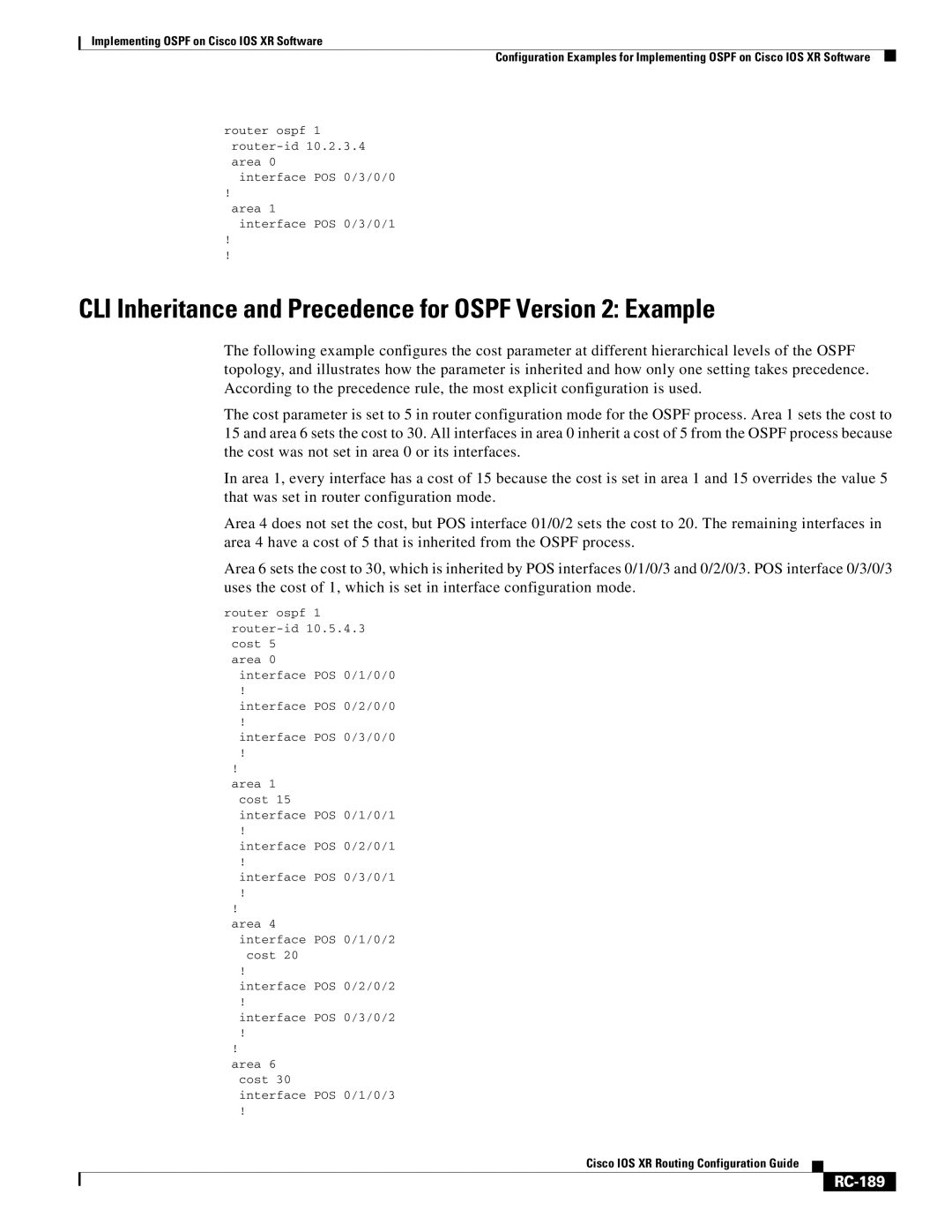 Cisco Systems IOS XR manual CLI Inheritance and Precedence for Ospf Version 2 Example, RC-189 