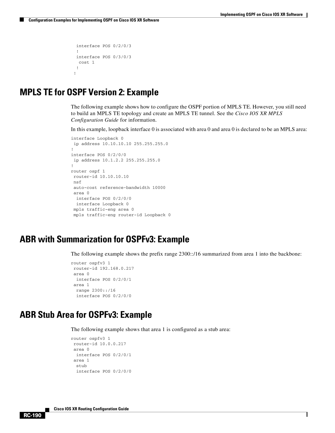 Cisco Systems IOS XR manual Mpls TE for Ospf Version 2 Example, ABR with Summarization for OSPFv3 Example, RC-190 