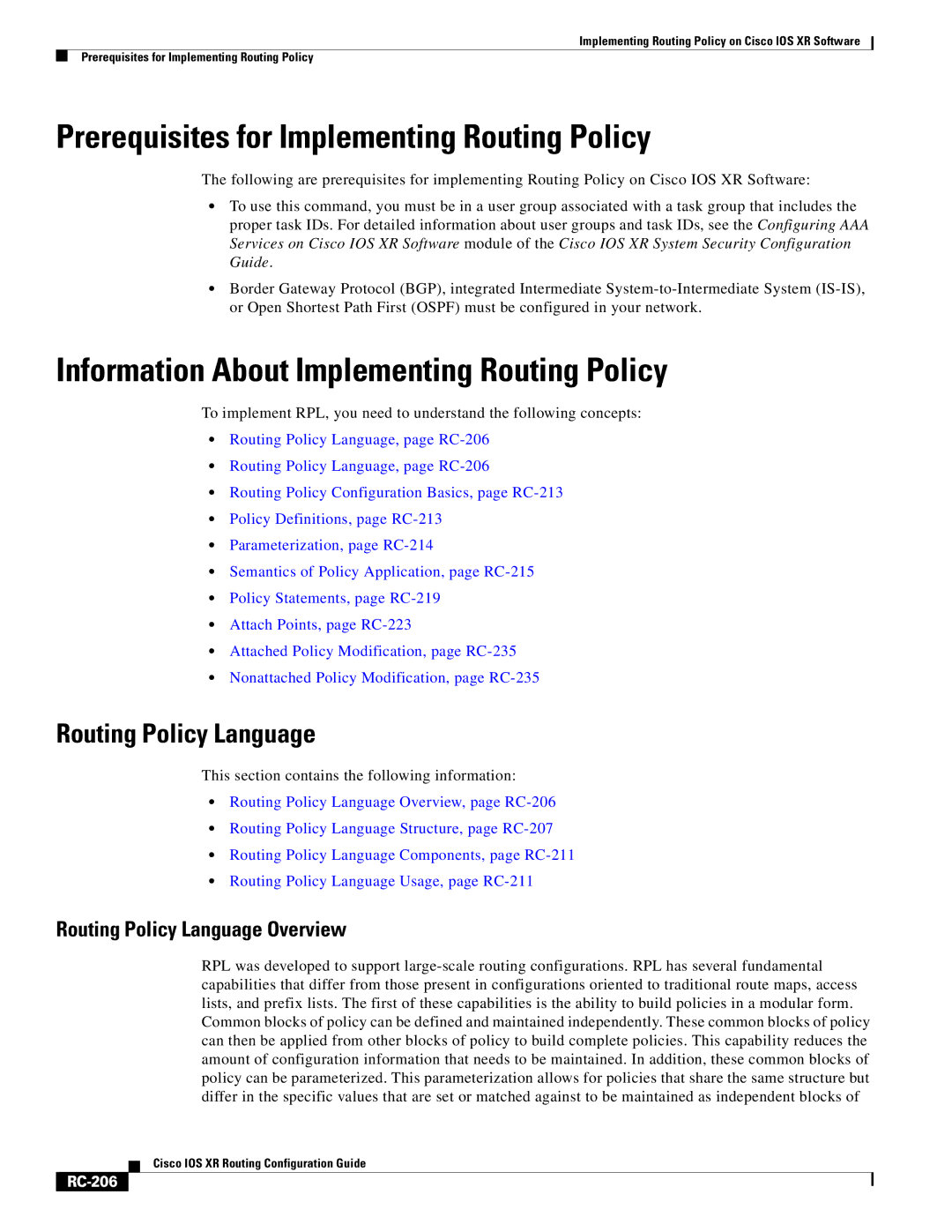 Cisco Systems IOS XR Prerequisites for Implementing Routing Policy, Information About Implementing Routing Policy, RC-206 