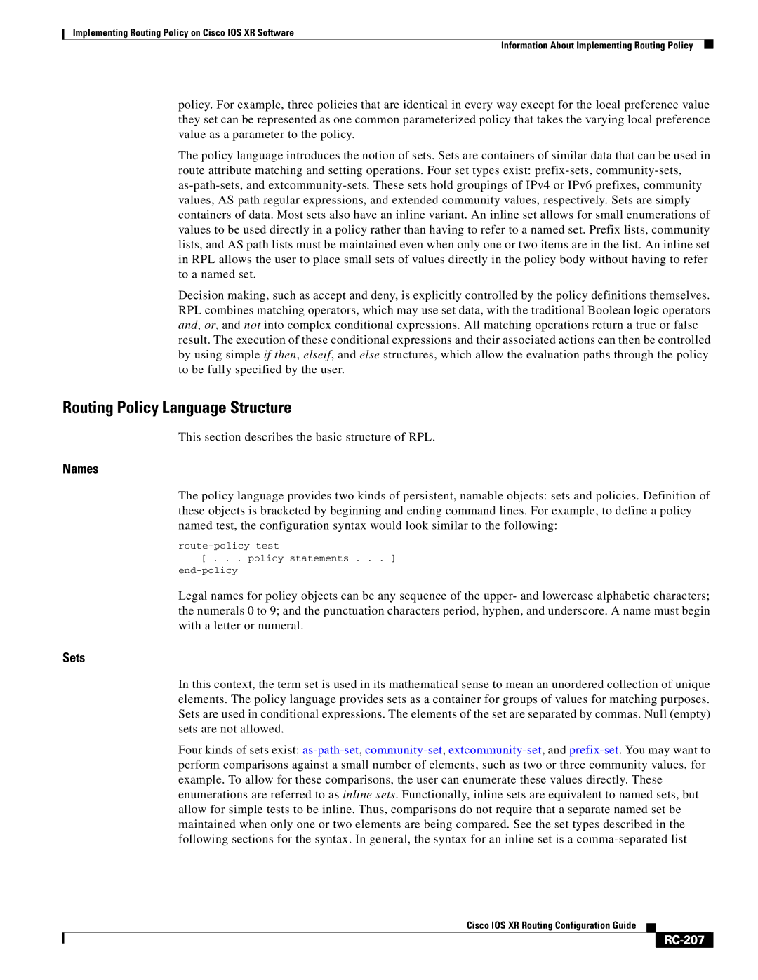 Cisco Systems IOS XR manual Routing Policy Language Structure, Names, Sets, RC-207 