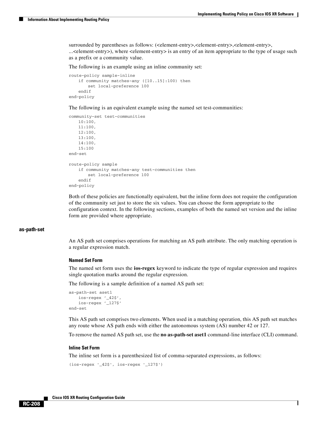 Cisco Systems IOS XR manual As-path-set, Named Set Form, Inline Set Form, RC-208 