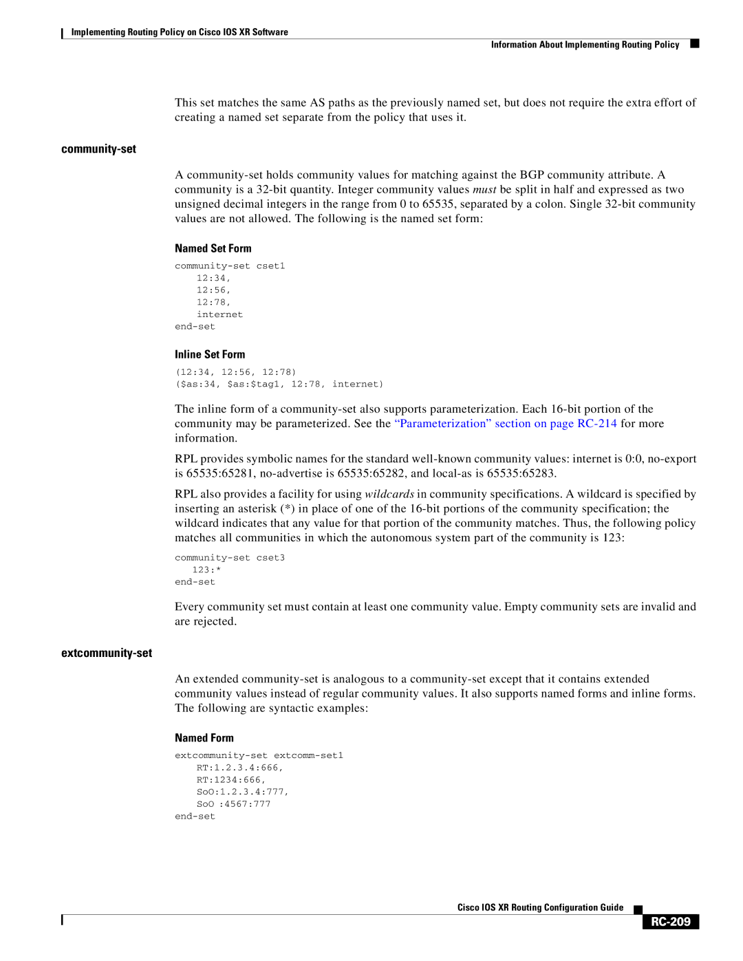 Cisco Systems IOS XR manual Community-set, Extcommunity-set, Named Form, RC-209 