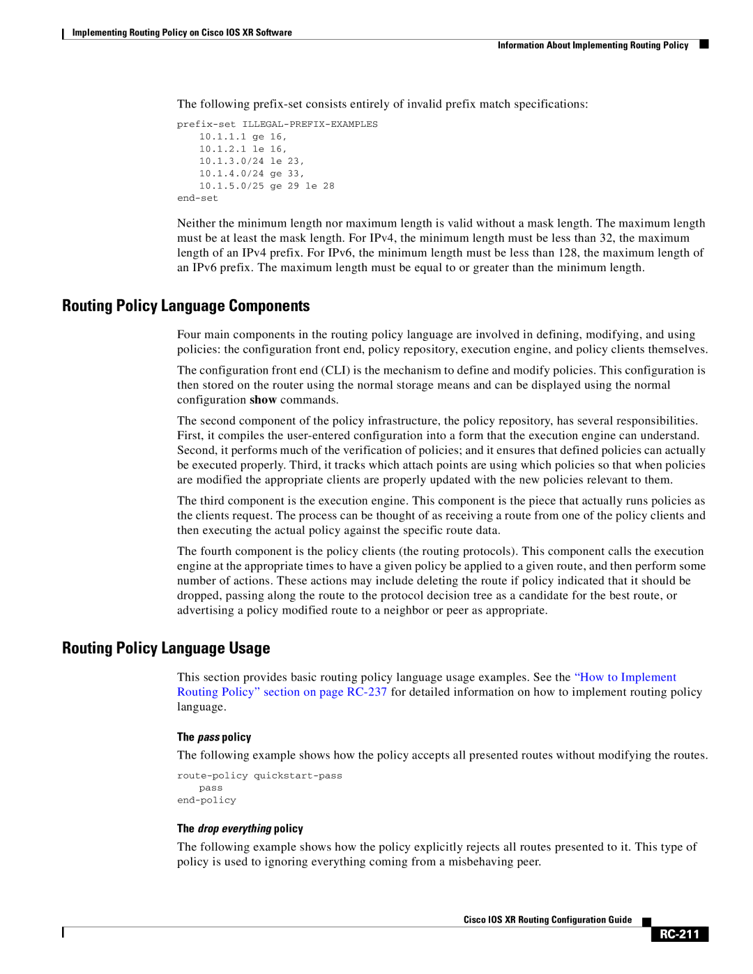 Cisco Systems IOS XR manual Routing Policy Language Components, Routing Policy Language Usage, Pass policy, RC-211 