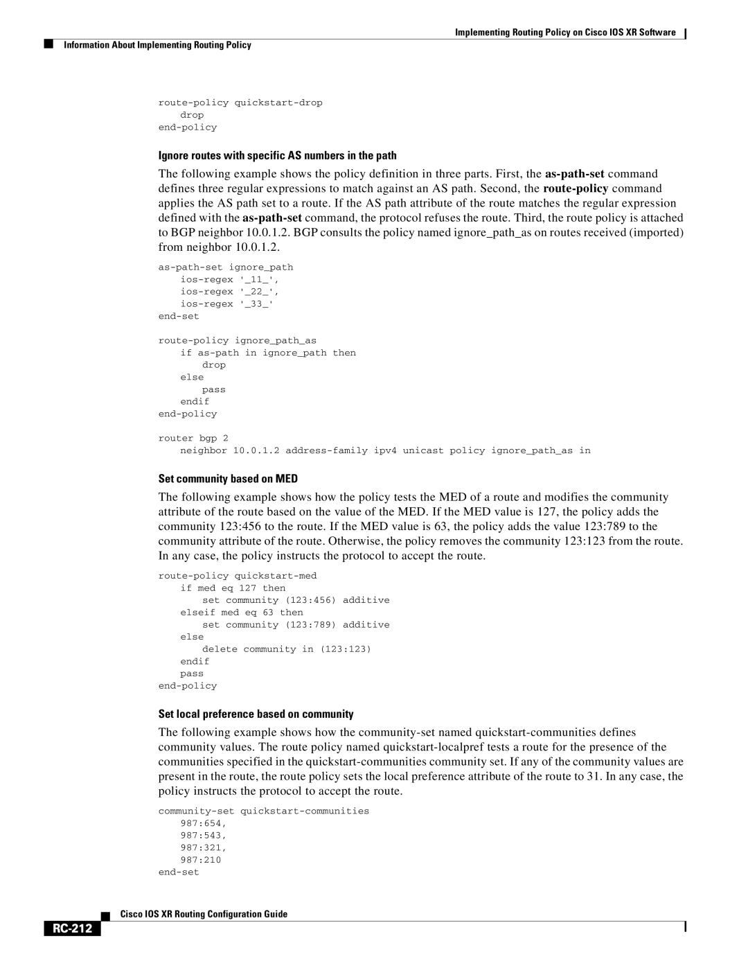 Cisco Systems IOS XR manual Ignore routes with specific AS numbers in the path, Set community based on MED, RC-212 