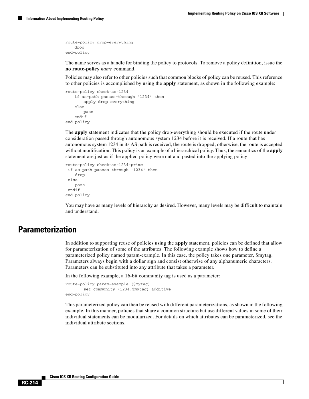 Cisco Systems IOS XR manual Parameterization, RC-214 