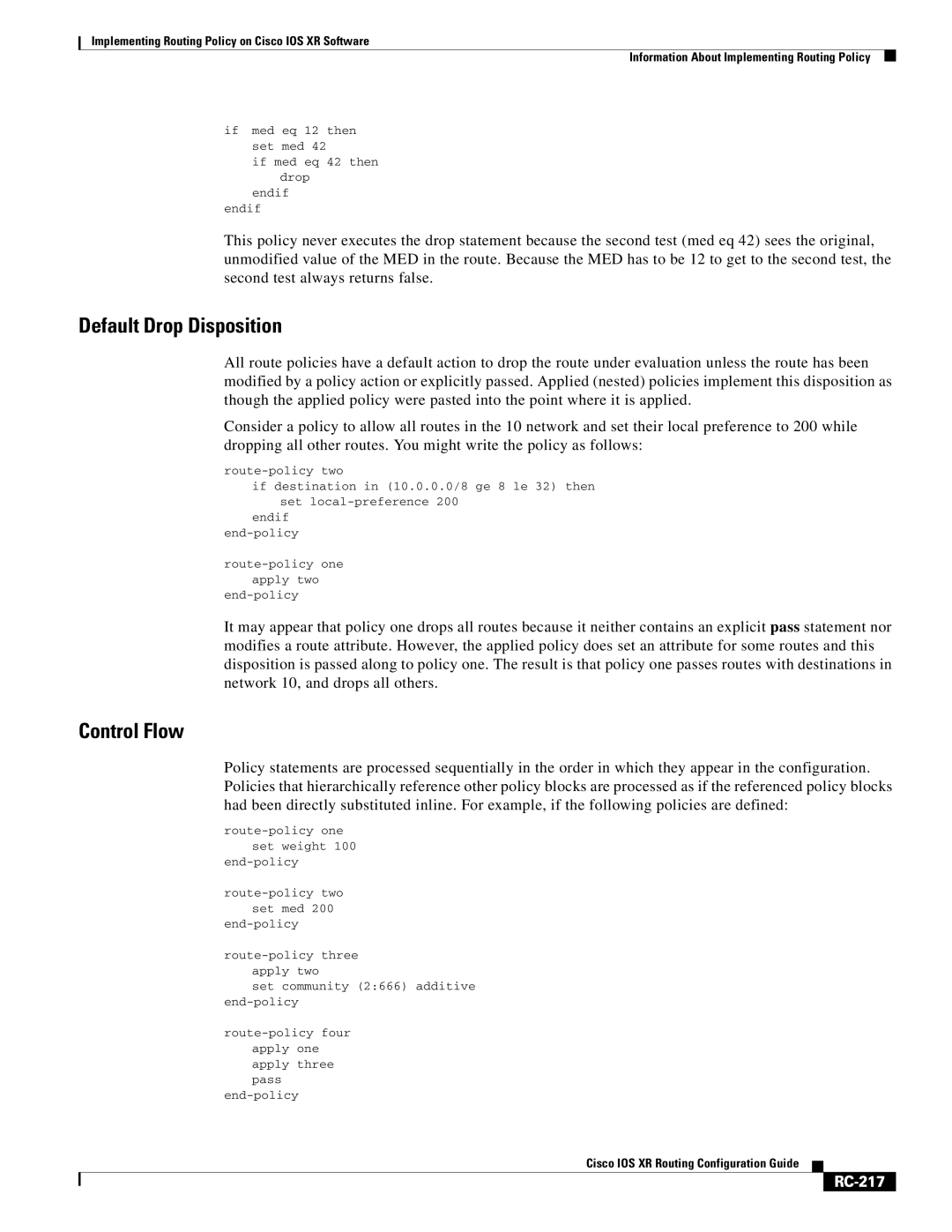 Cisco Systems IOS XR manual Default Drop Disposition, Control Flow, RC-217 