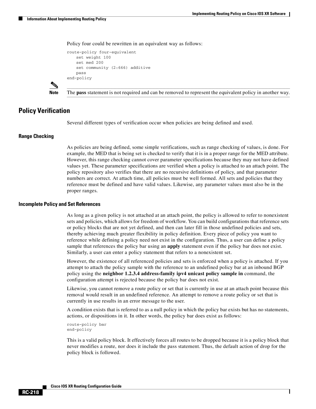 Cisco Systems IOS XR manual Policy Verification, Range Checking, Incomplete Policy and Set References, RC-218 