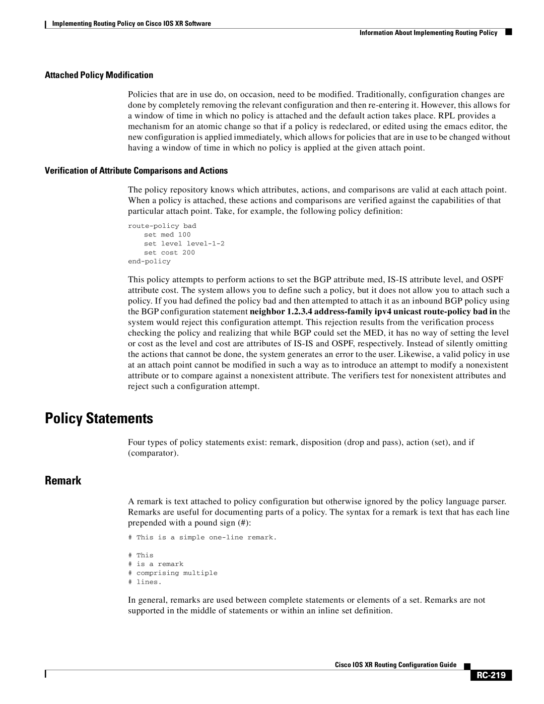 Cisco Systems IOS XR manual Policy Statements, Remark, Attached Policy Modification, RC-219 