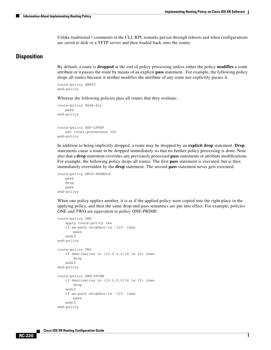 Cisco Systems IOS XR manual Disposition, RC-220 