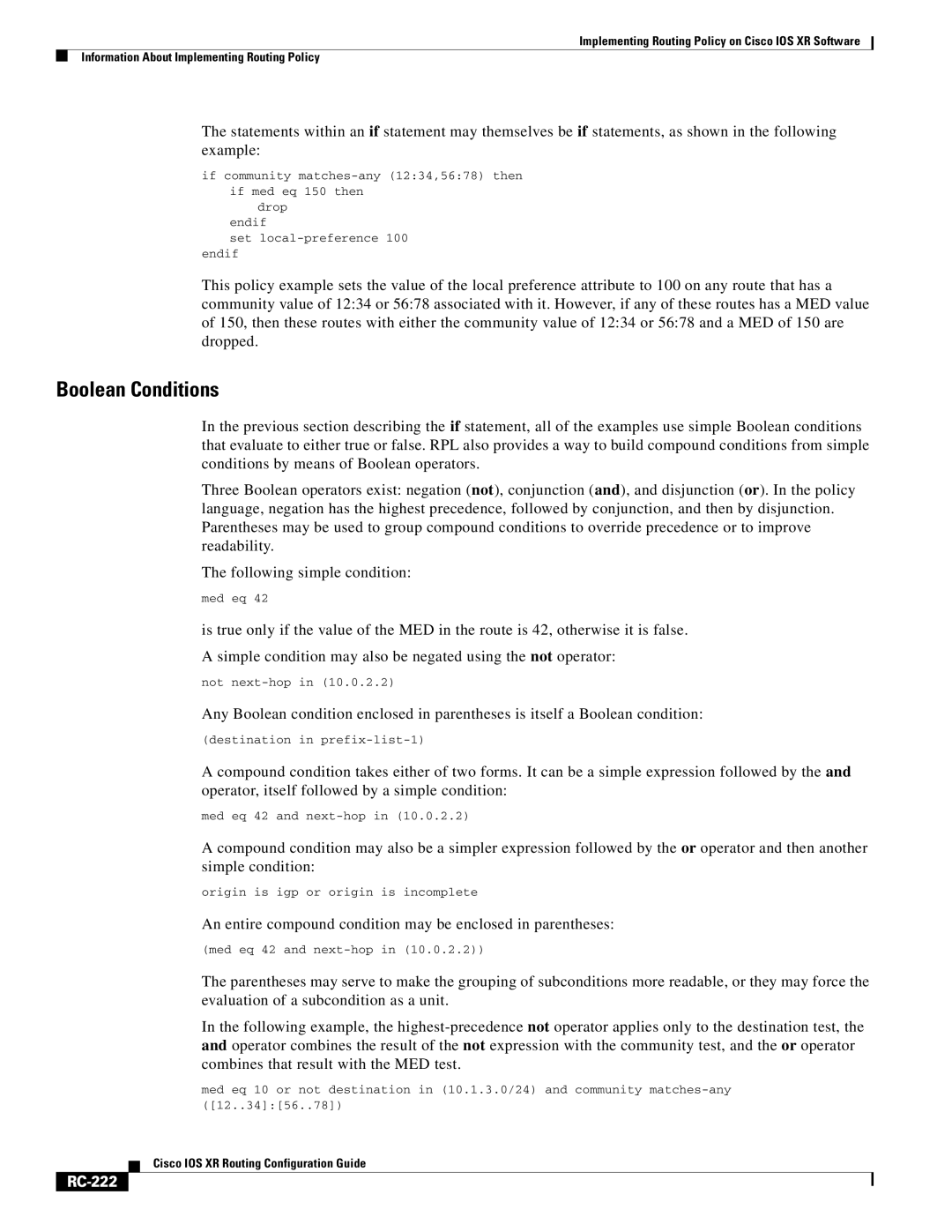 Cisco Systems IOS XR manual Boolean Conditions, RC-222 