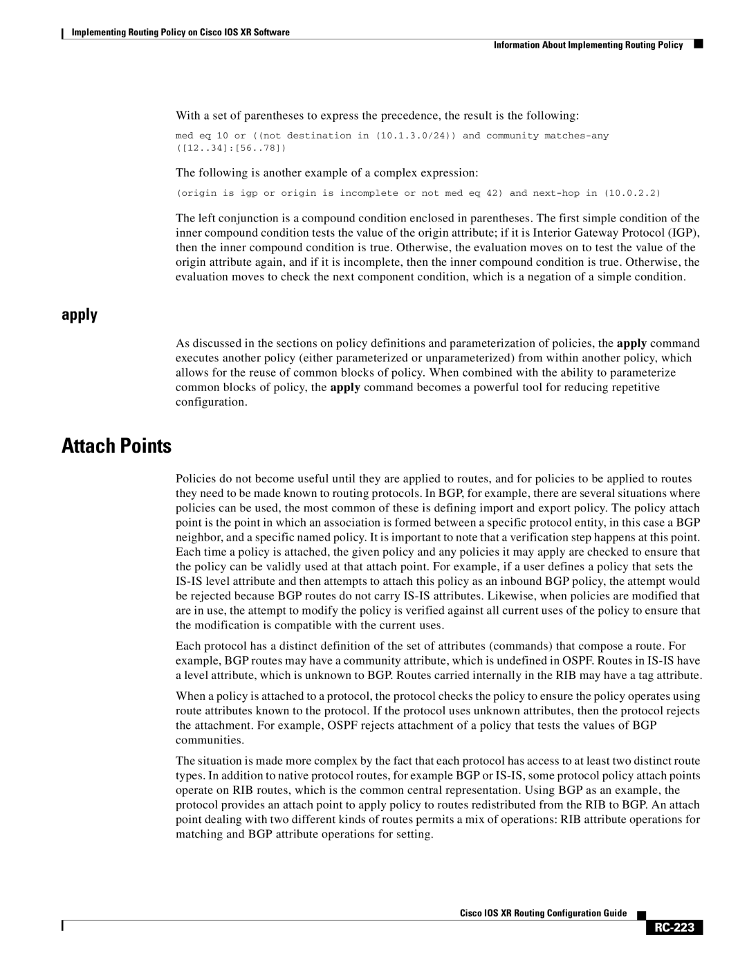 Cisco Systems IOS XR manual Attach Points, Apply, RC-223 