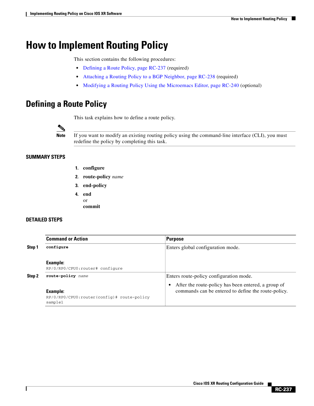 Cisco Systems IOS XR manual How to Implement Routing Policy, Defining a Route Policy, RC-237 